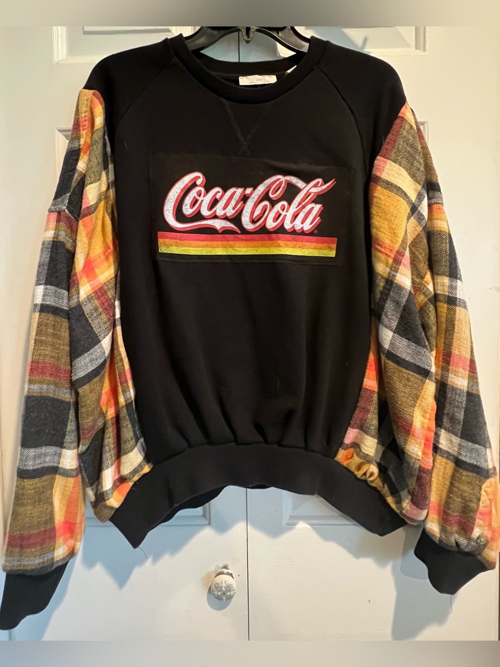⭐️Upcycled⭐️ One of a Kind ! 
Coca-Cola Sweatshirt w Plaid Flannel Sleeves